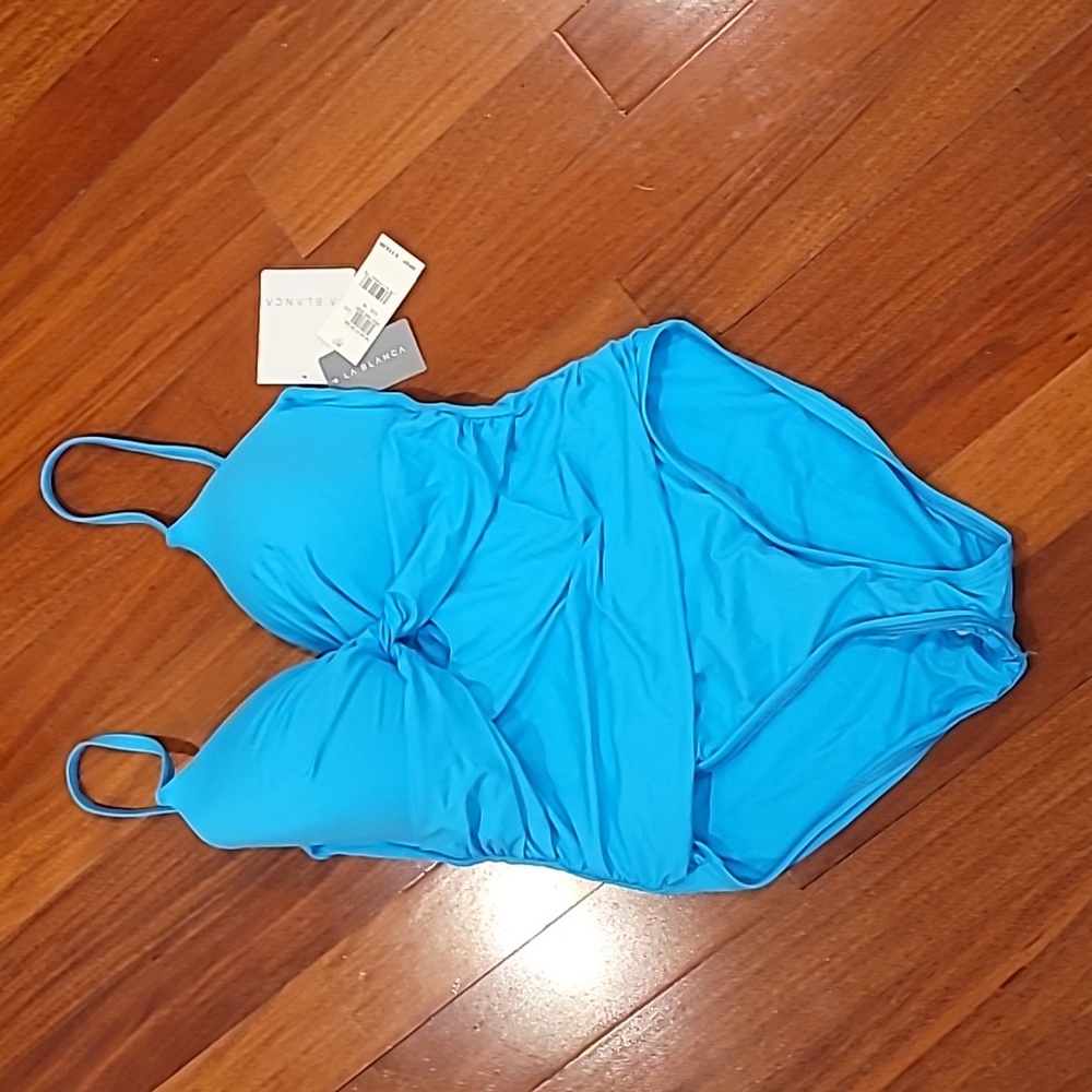 NWT LA BLANCA keyhole twist slimming one piece turquoise size 10